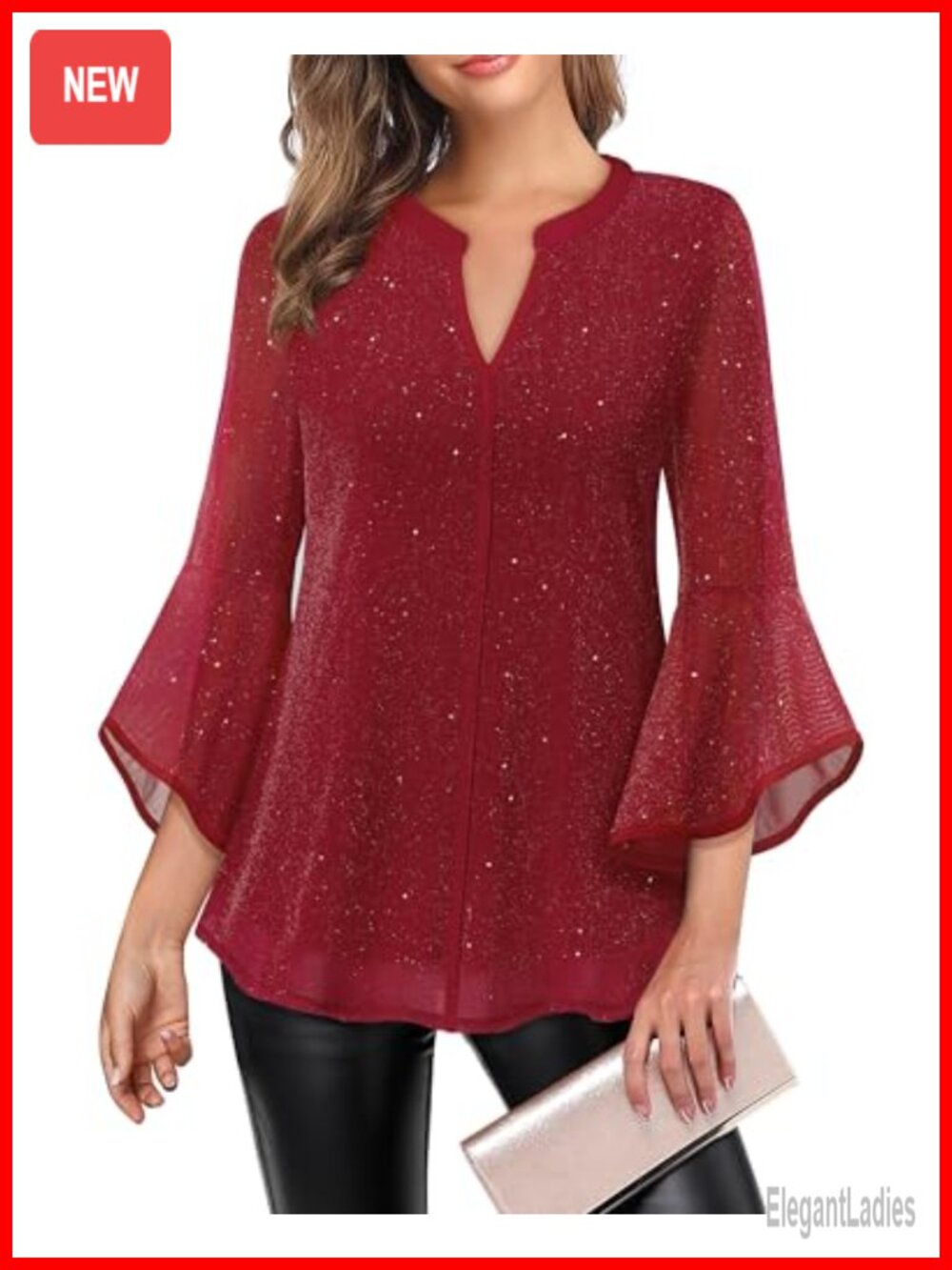 Women's Mesh Layered Flowy Tunic Top 3/4 Sleeve V-Neck